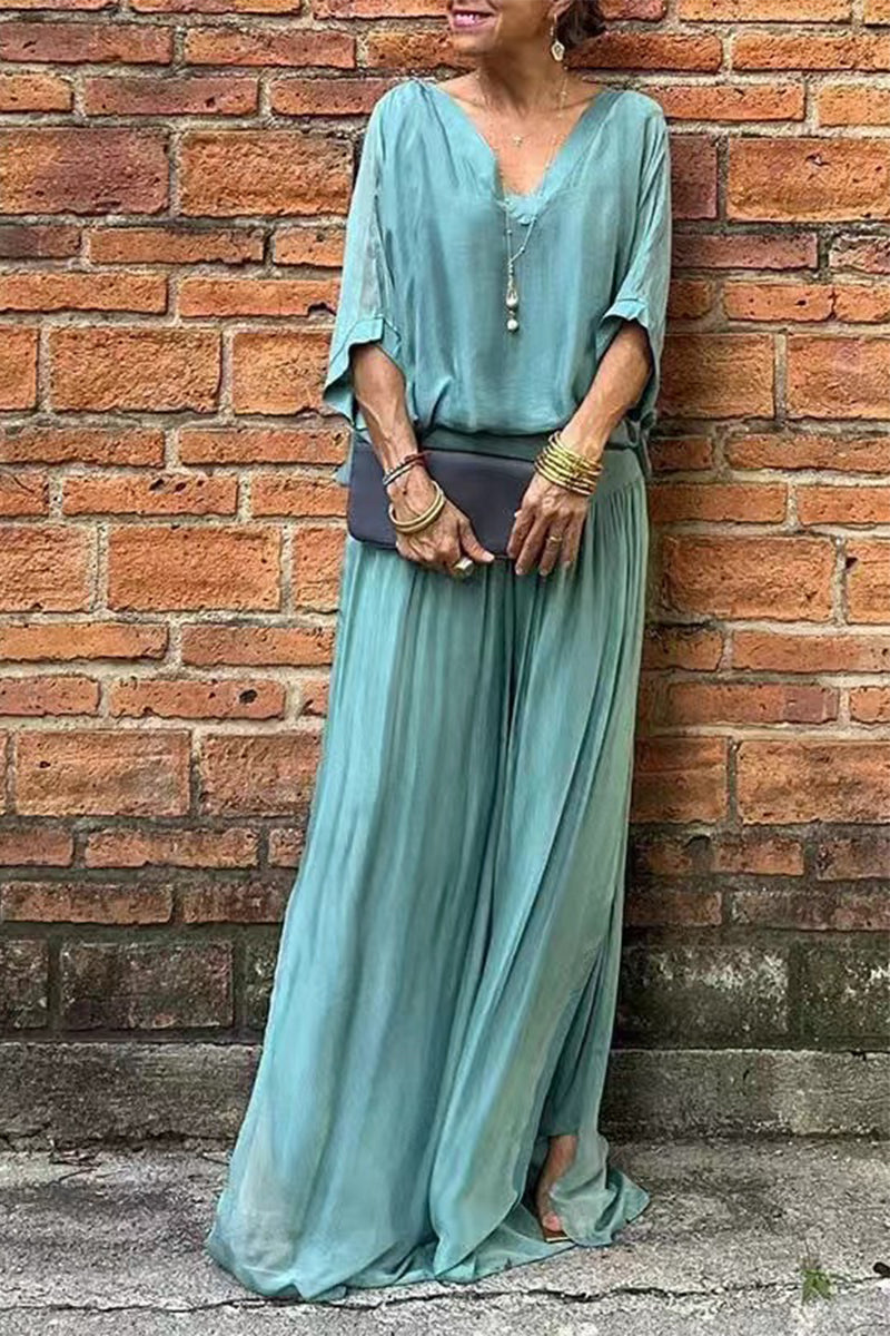 Conjunto informal de dos piezas con escote en V, media manga y espalda descubierta (10 colores)