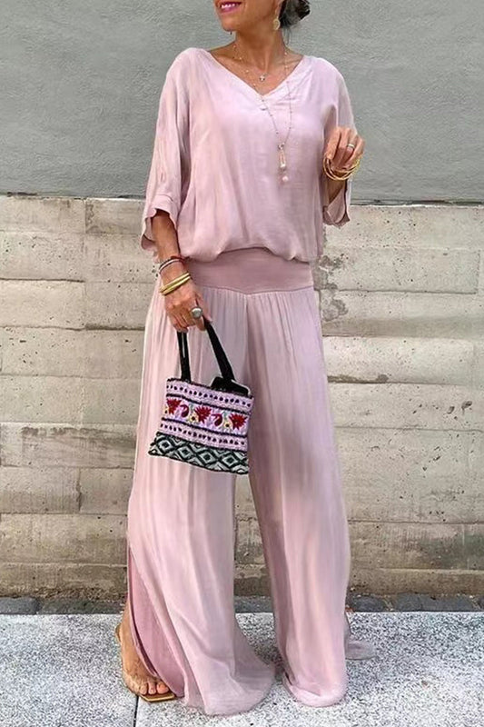 Conjunto informal de dos piezas con escote en V, media manga y espalda descubierta (10 colores)