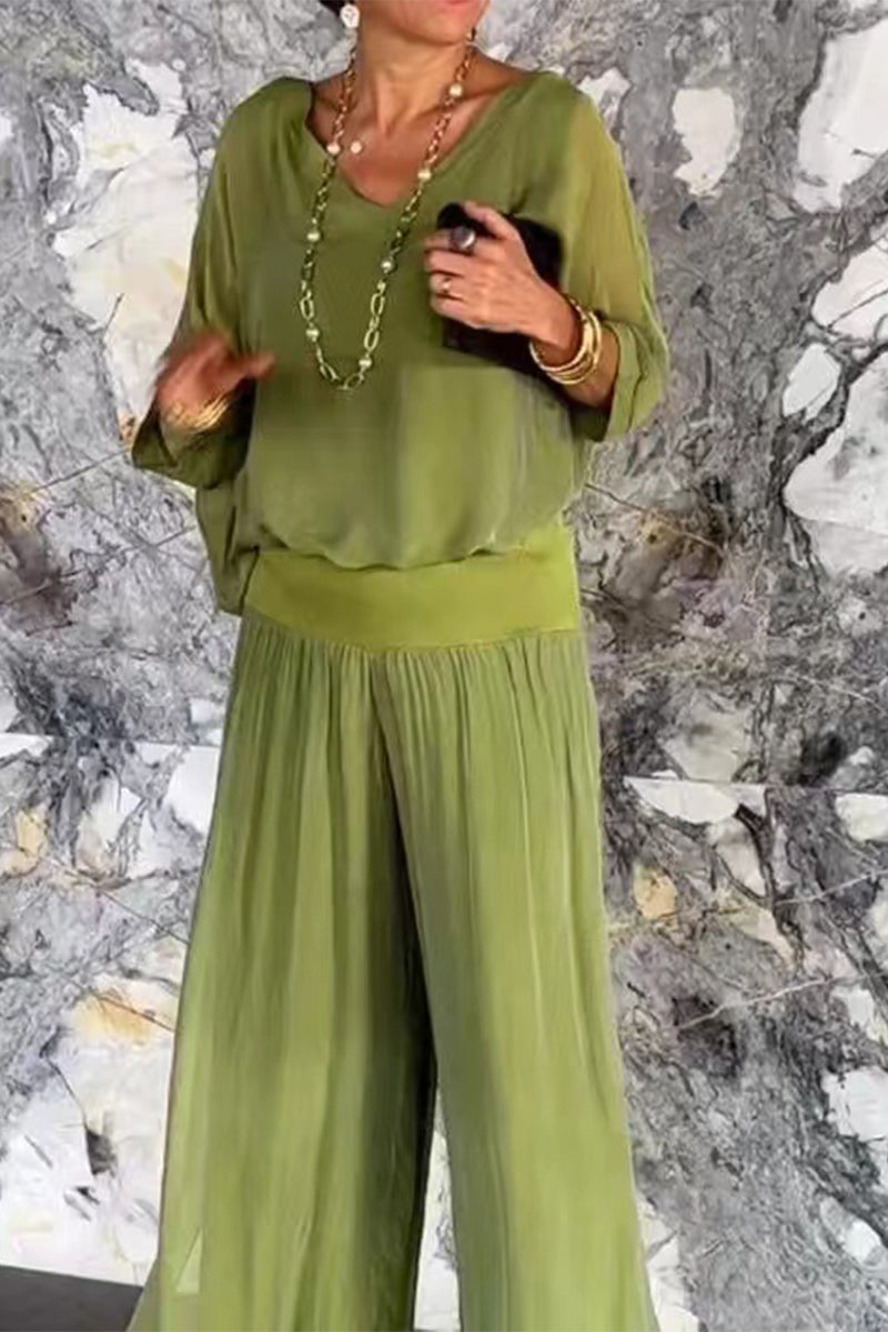 Conjunto informal de dos piezas con escote en V, media manga y espalda descubierta (10 colores)