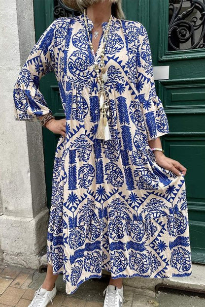 Vestidos casuales vintage con estampado geométrico y cuello en V de patchwork