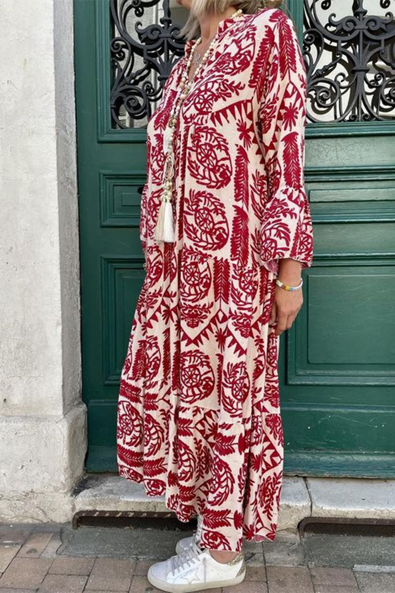 Vestidos casuales vintage con estampado geométrico y cuello en V de patchwork