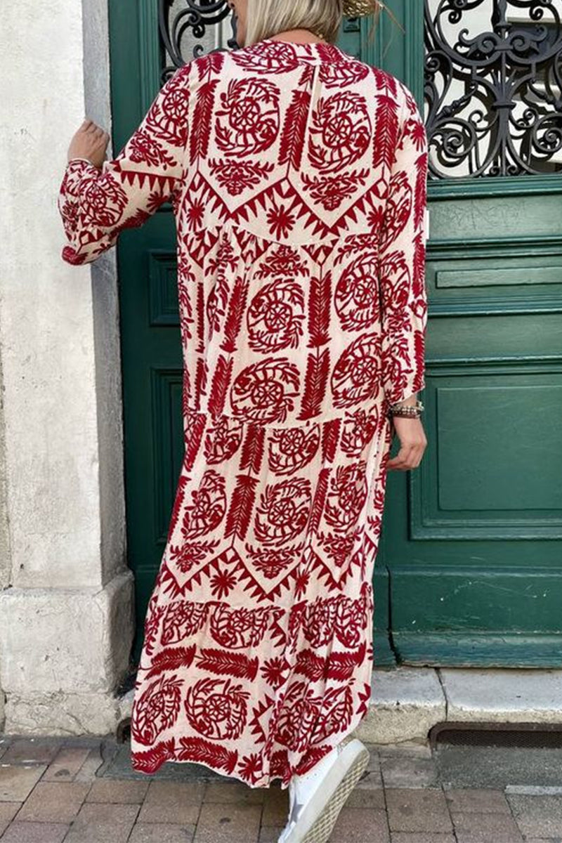 Vestidos casuales vintage con estampado geométrico y cuello en V de patchwork