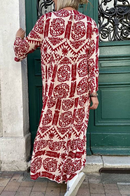 Vestidos casuales vintage con estampado geométrico y cuello en V de patchwork
