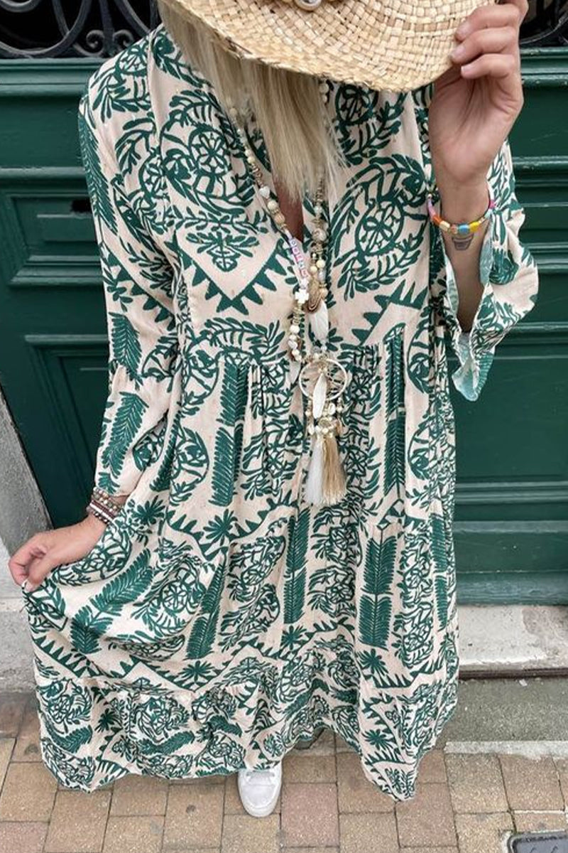 Vestidos casuales vintage con estampado geométrico y cuello en V de patchwork