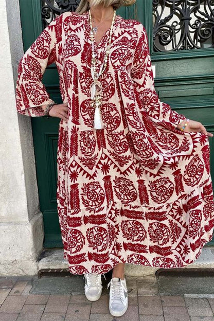 Vestidos casuales vintage con estampado geométrico y cuello en V de patchwork