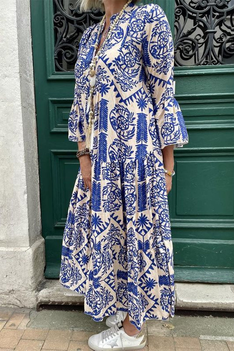Vestidos casuales vintage con estampado geométrico y cuello en V de patchwork