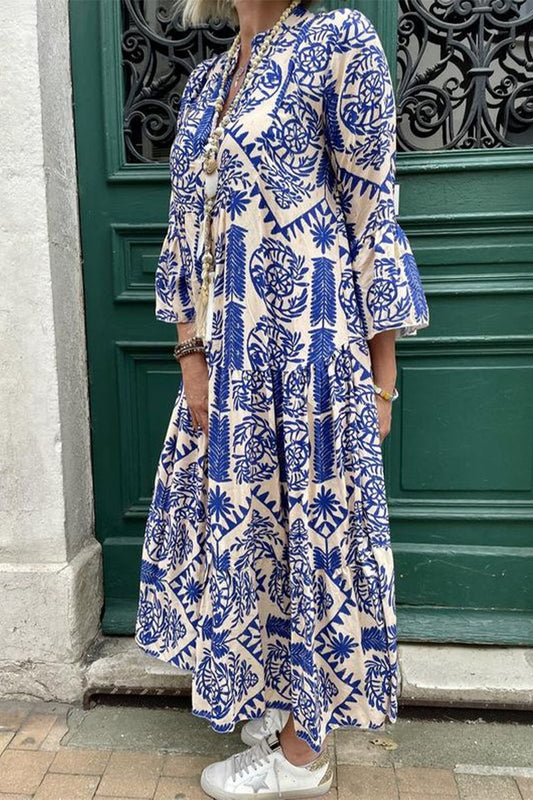 Vestidos casuales vintage con estampado geométrico y cuello en V de patchwork