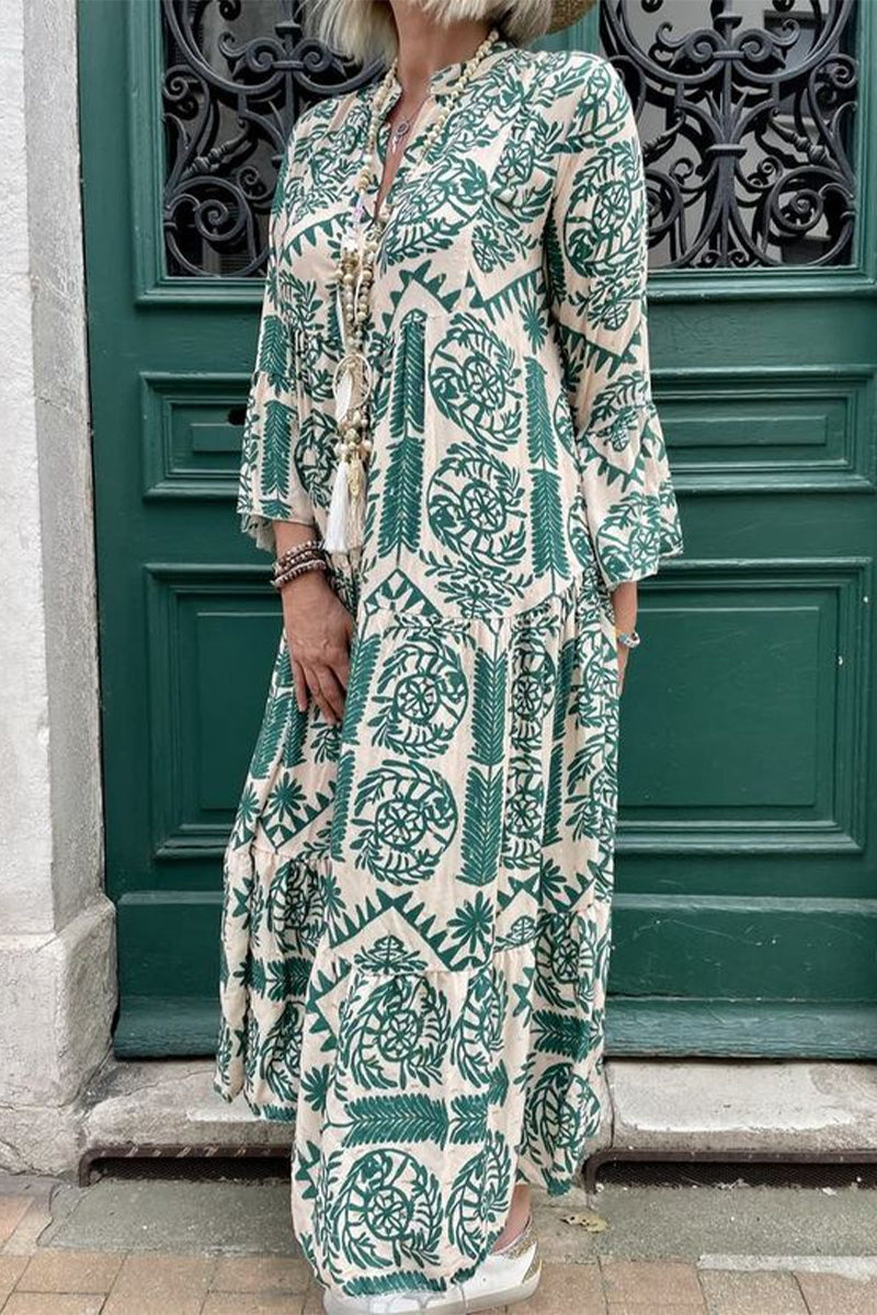 Vestidos casuales vintage con estampado geométrico y cuello en V de patchwork
