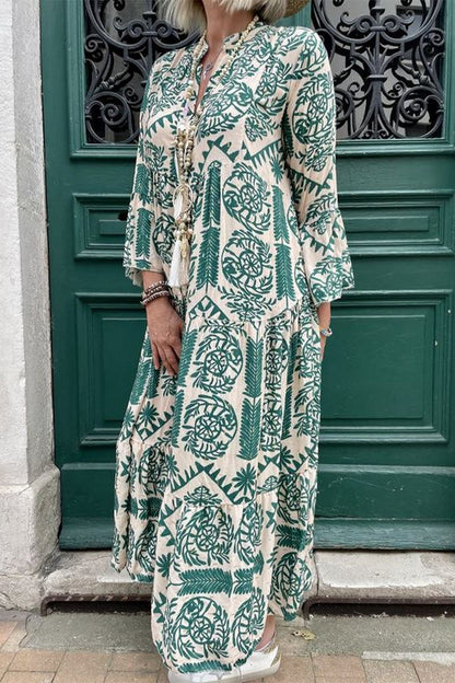 Vestidos casuales vintage con estampado geométrico y cuello en V de patchwork