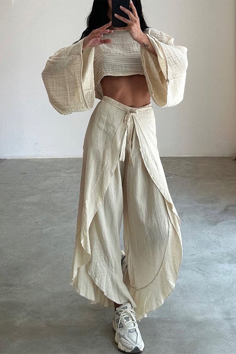 Conjunto informal de dos piezas con volantes, abertura en el cuello, manga larga (3 colores)