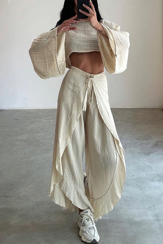 Conjunto informal de dos piezas con volantes, abertura y cuello redondo, manga larga