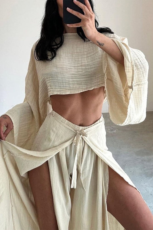 Conjunto informal de dos piezas con volantes, abertura y cuello redondo, manga larga