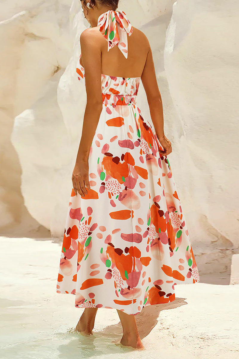 Vestidos bohemios elegantes con estampado floral en contraste y cuello mandarín