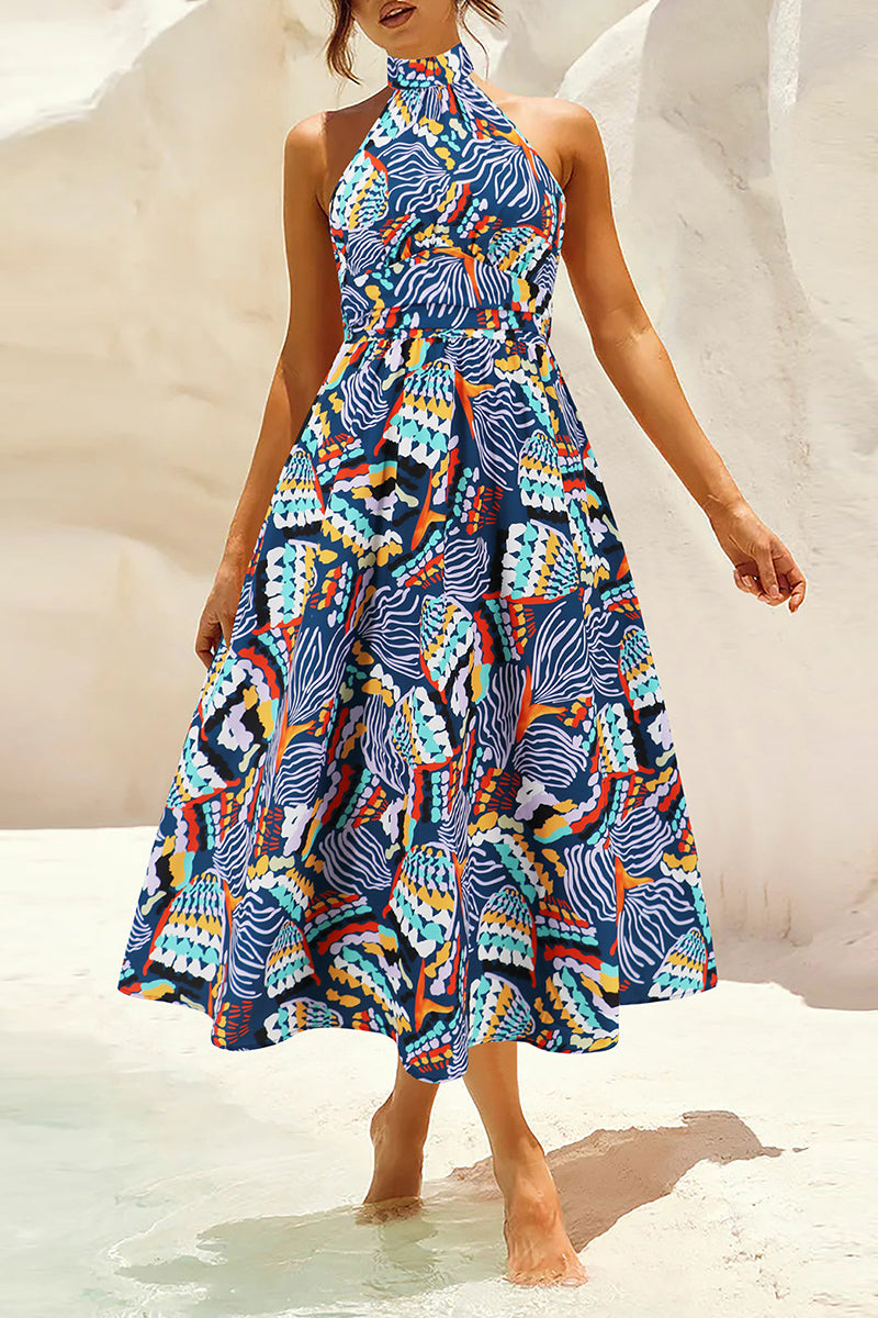 Vestidos bohemios elegantes con estampado floral en contraste y cuello mandarín