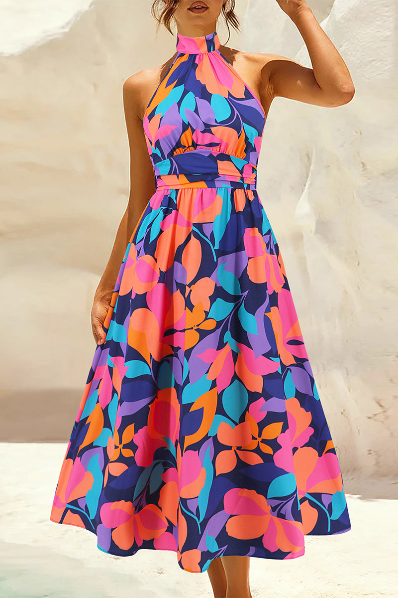 Vestidos bohemios elegantes con estampado floral en contraste y cuello mandarín