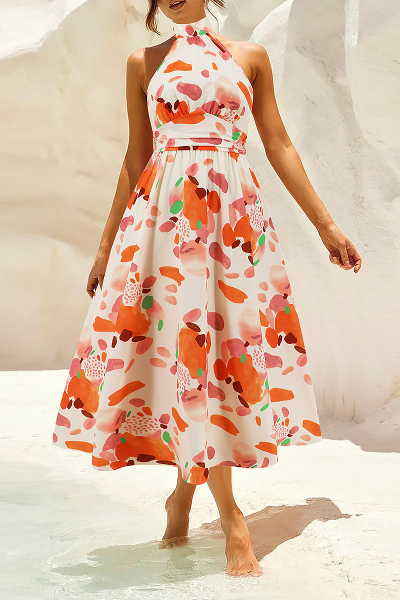 Vestidos bohemios elegantes con estampado floral en contraste y cuello mandarín