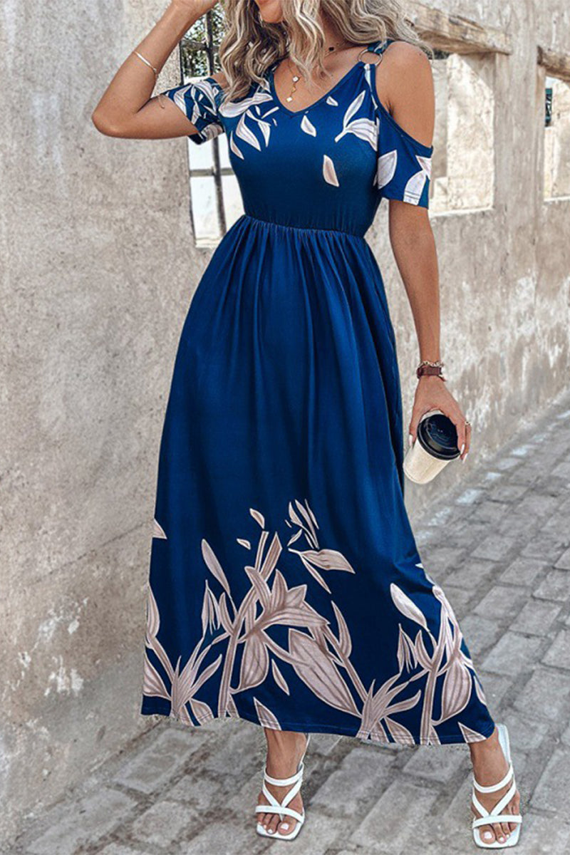 Vestidos casuales vintage florales con bolsillos, cuello en V y pliegues.