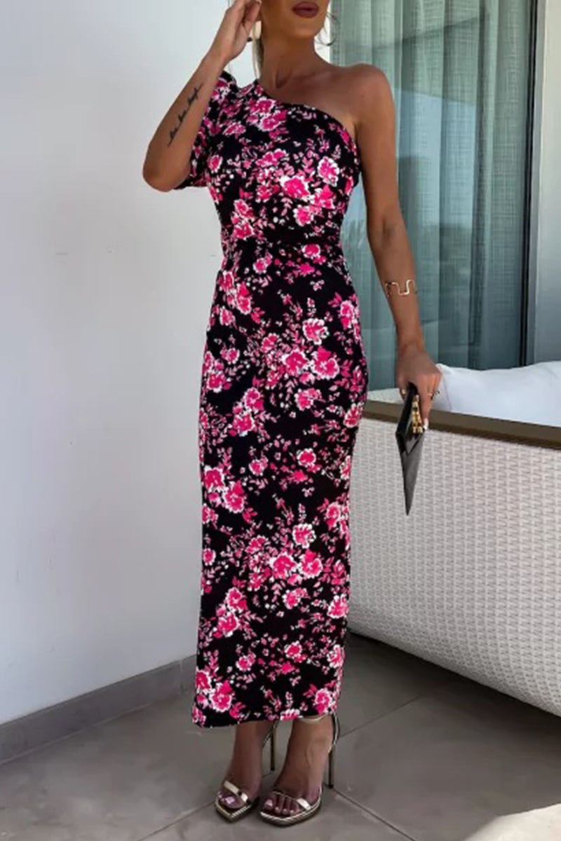 Elegante vestido vintage con falda de un solo paso y cuello oblicuo con contraste floral