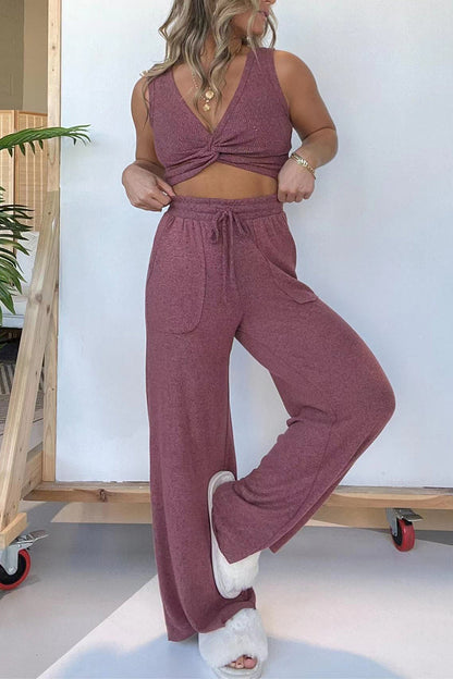 Conjunto de dos piezas sexy informal de color liso con bolsillos y escote en V sin mangas