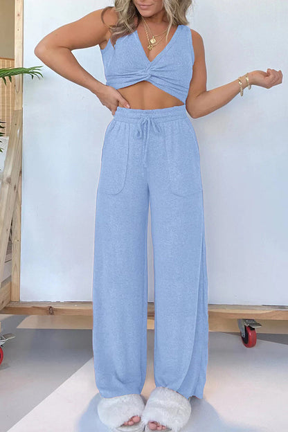 Conjunto de dos piezas sexy informal de color liso con bolsillos y escote en V sin mangas
