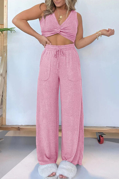 Conjunto de dos piezas sexy informal de color liso con bolsillos y escote en V sin mangas
