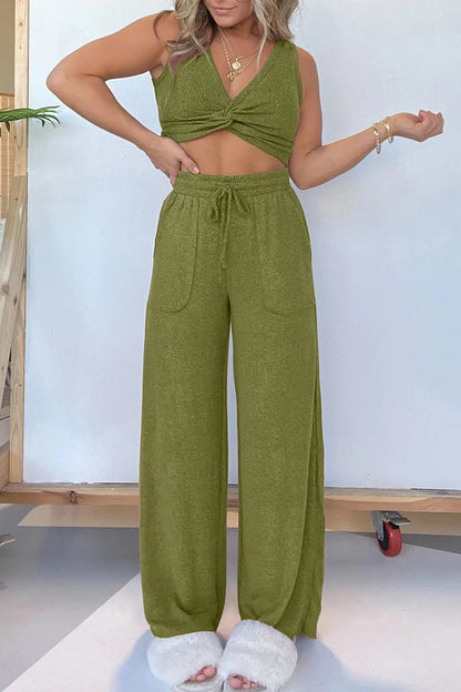 Conjunto de dos piezas sexy informal de color liso con bolsillos y escote en V sin mangas