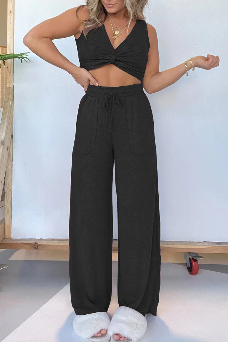 Conjunto de dos piezas sexy informal de color liso con bolsillos y escote en V sin mangas