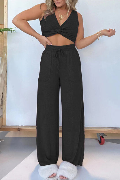 Conjunto de dos piezas sexy informal de color liso con bolsillos y escote en V sin mangas