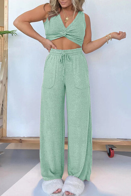 Conjunto de dos piezas sexy informal de color liso con bolsillos y escote en V sin mangas