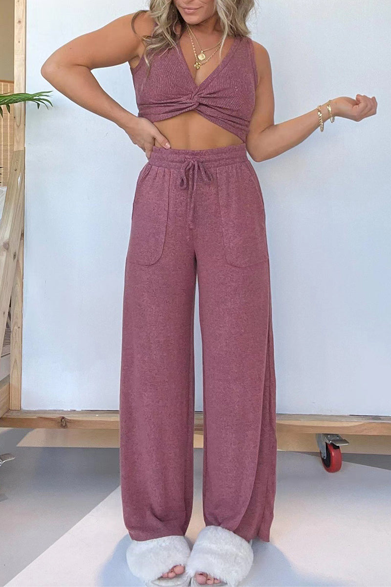 Conjunto de dos piezas sexy informal de color liso con bolsillos y escote en V sin mangas