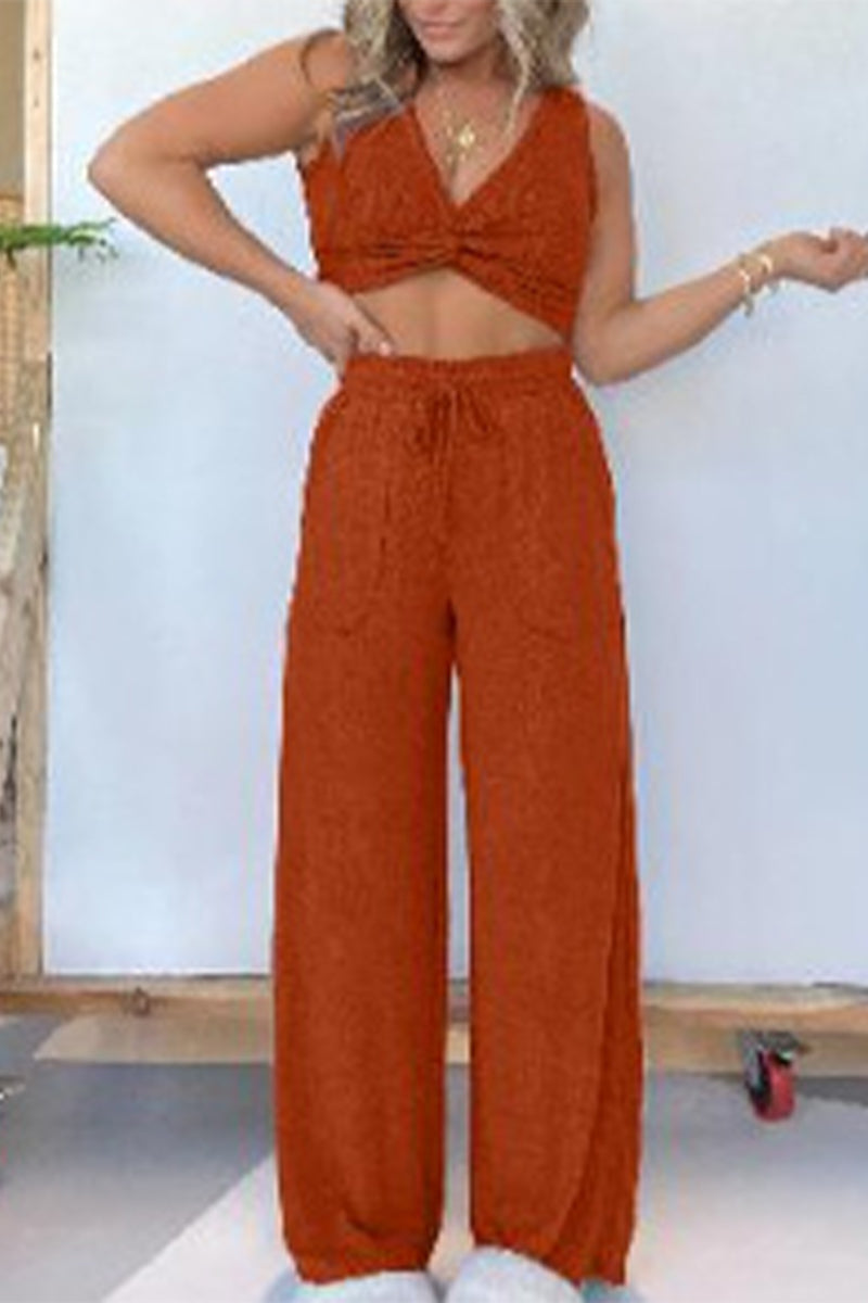 Conjunto de dos piezas sexy informal de color liso con bolsillos y escote en V sin mangas
