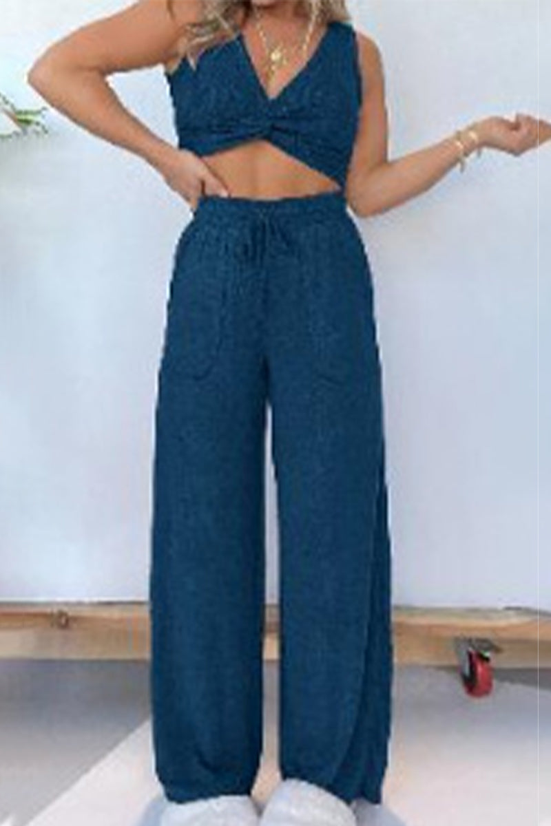Conjunto de dos piezas sexy informal de color liso con bolsillos y escote en V sin mangas