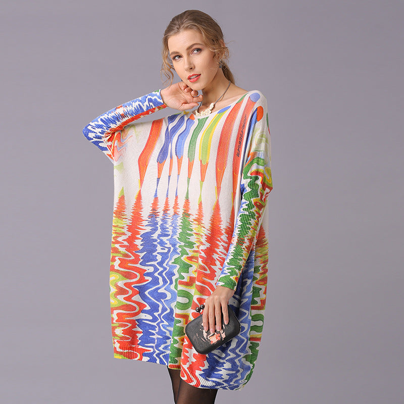 Suéteres de otoño e invierno para mujer, jersey holgado con estampado de lápiz y longitud media, prendas de punto