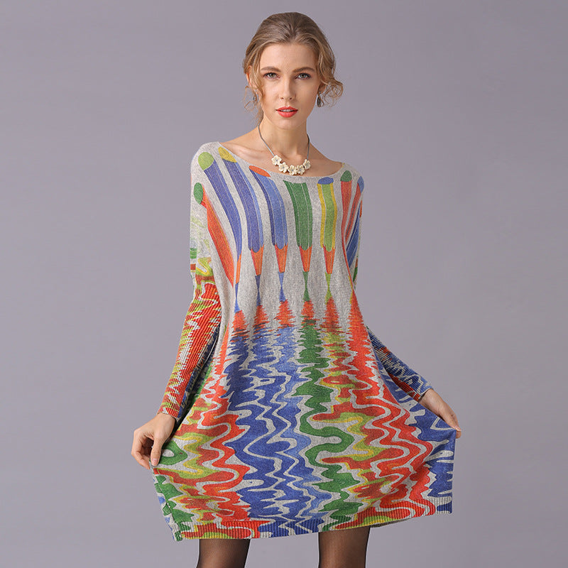 Suéteres de otoño e invierno para mujer, jersey holgado con estampado de lápiz y longitud media, prendas de punto