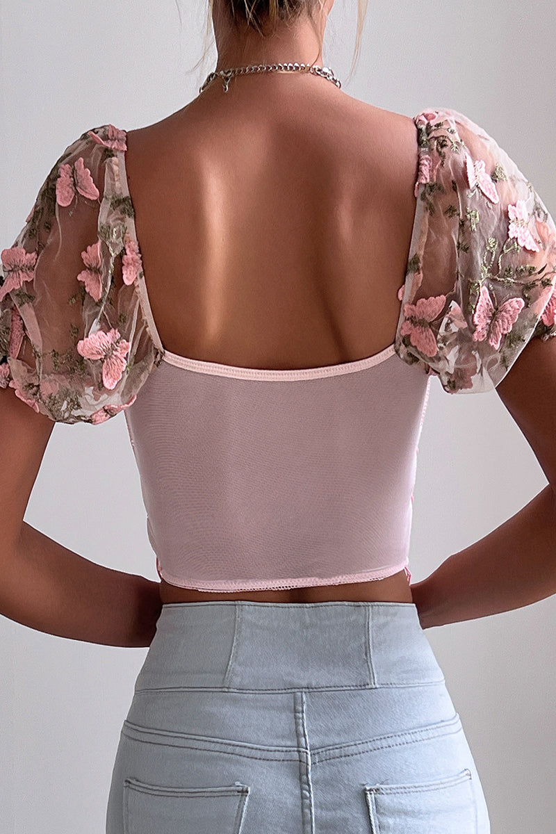 Camiseta sexy de cintura baja con cuello en V y malla con bordado de mariposas