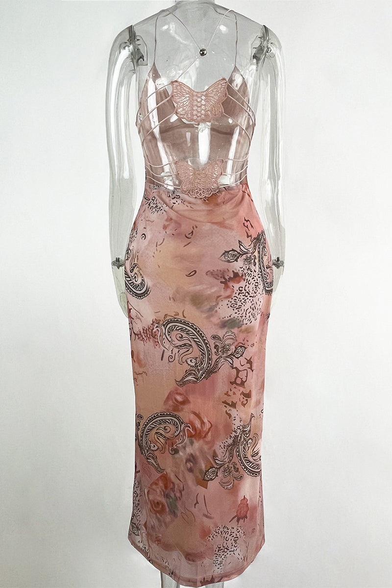 Vestido sexy vintage con estampado geométrico de mariposas y malla de retazos con escote en V y falda de un solo paso