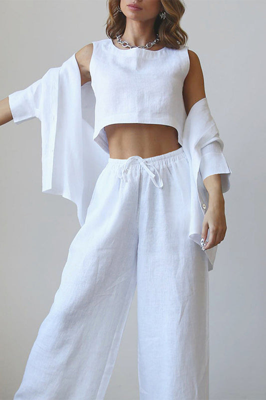Conjunto informal de tres piezas, liso, con cordón y cuello redondo, sin mangas