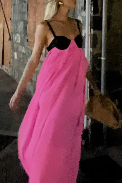Vestidos casuales de patchwork liso con lazo en contraste y escote en V