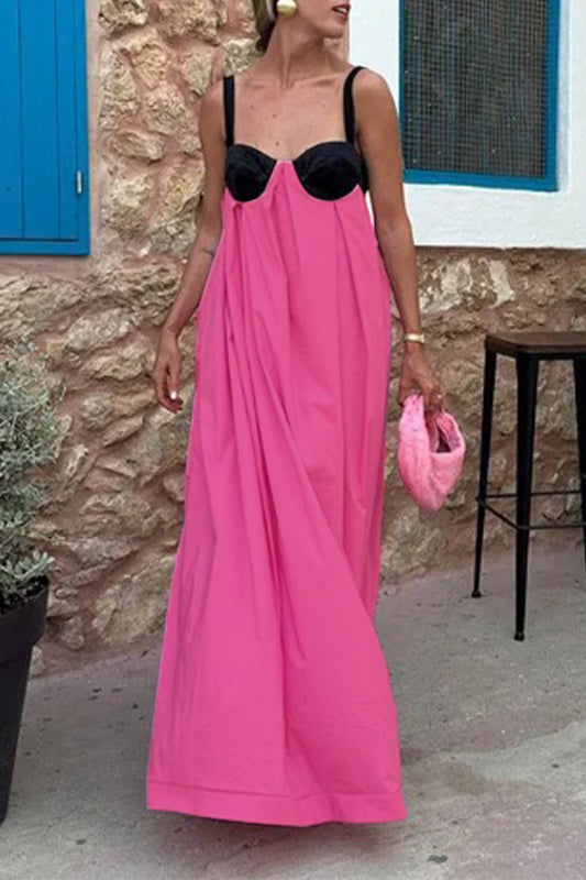 Vestidos casuales de patchwork liso con lazo en contraste y escote en V