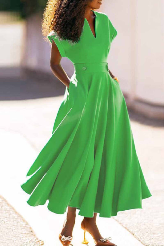 Vestidos casuales de manga corta con cuello en V y parches sólidos