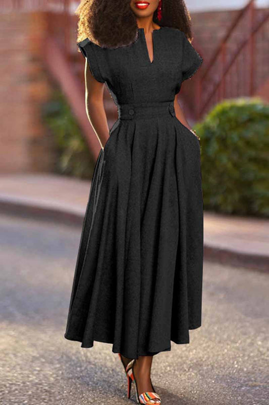 Vestidos casuales de manga corta con cuello en V y parches sólidos