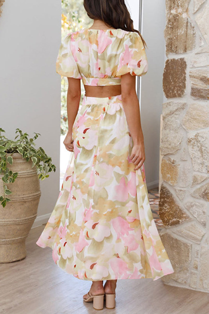 Vestidos elegantes y dulces con estampado floral, espalda descubierta y escote en V, corte A