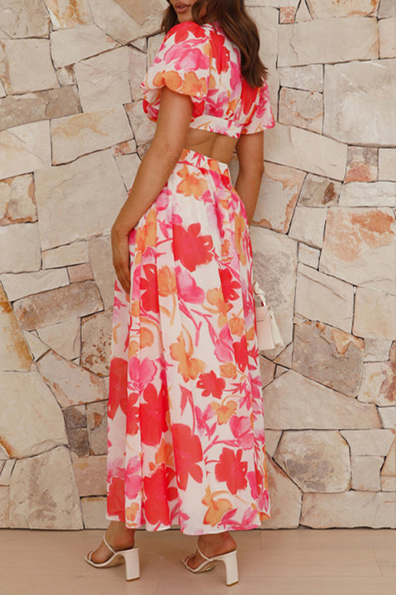 Vestidos elegantes y dulces con estampado floral, espalda descubierta y escote en V, corte A