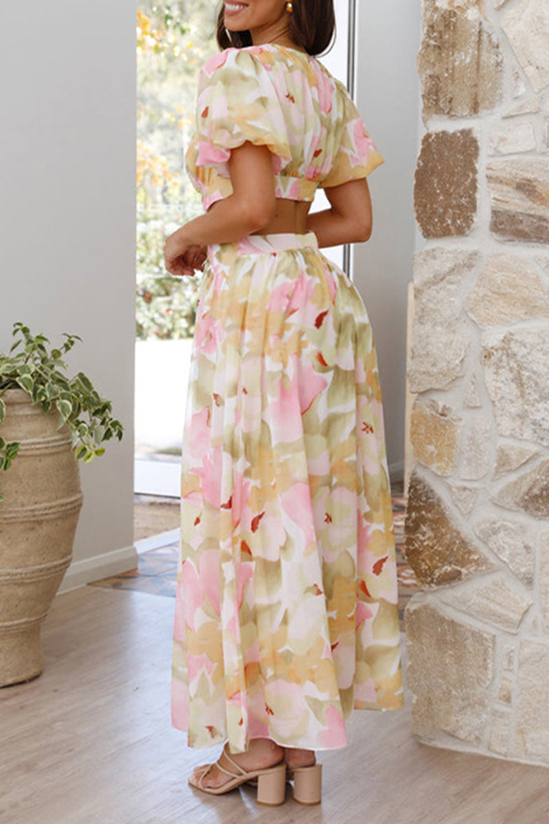 Vestidos elegantes y dulces con estampado floral, espalda descubierta y escote en V, corte A