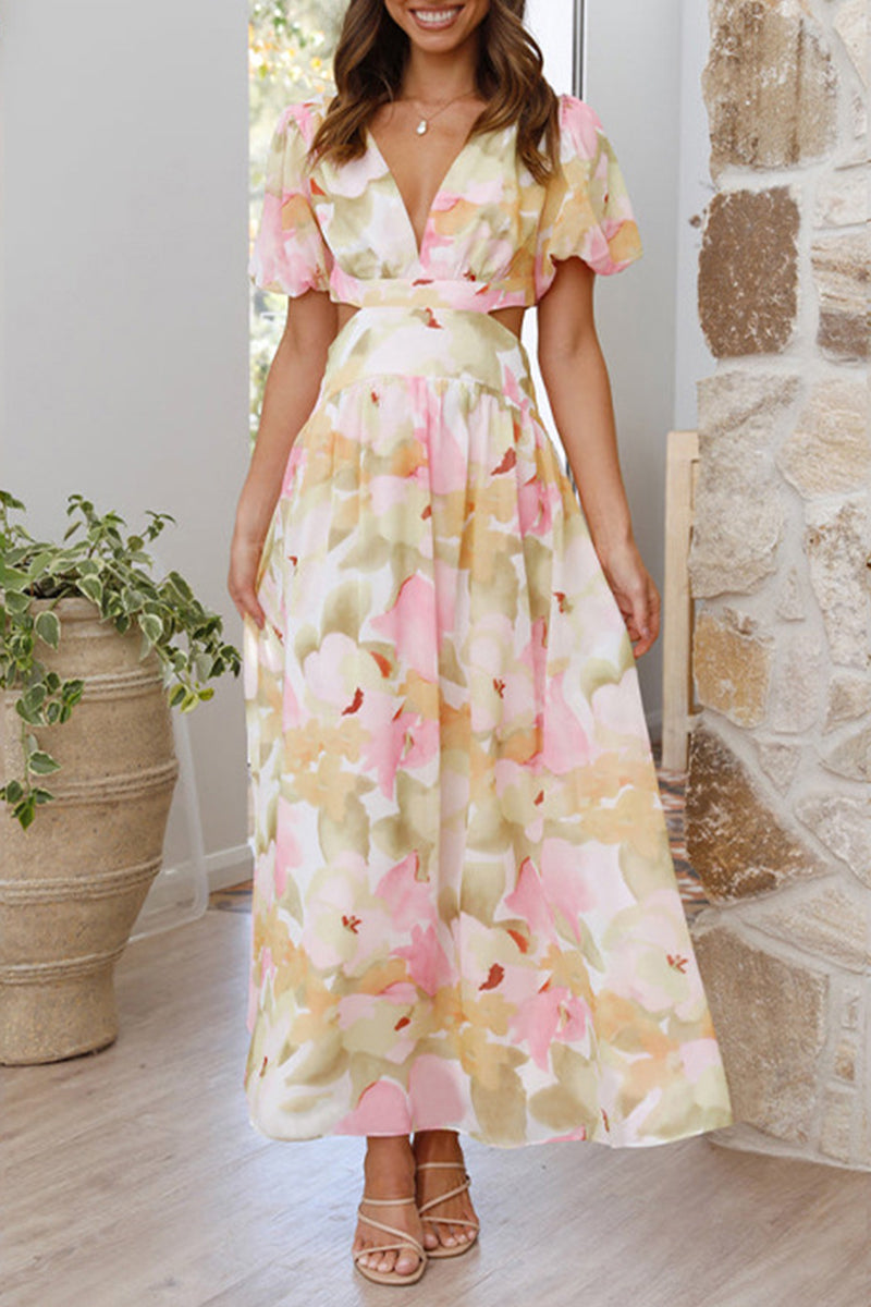 Vestidos elegantes y dulces con estampado floral, espalda descubierta y escote en V, corte A