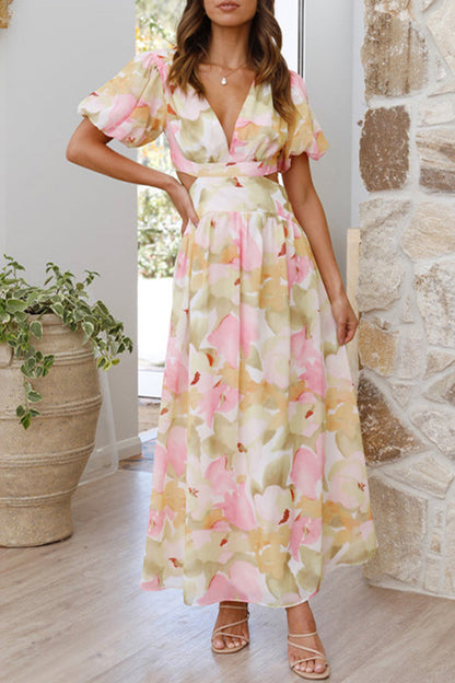 Vestidos elegantes y dulces con estampado floral, espalda descubierta y escote en V, corte A