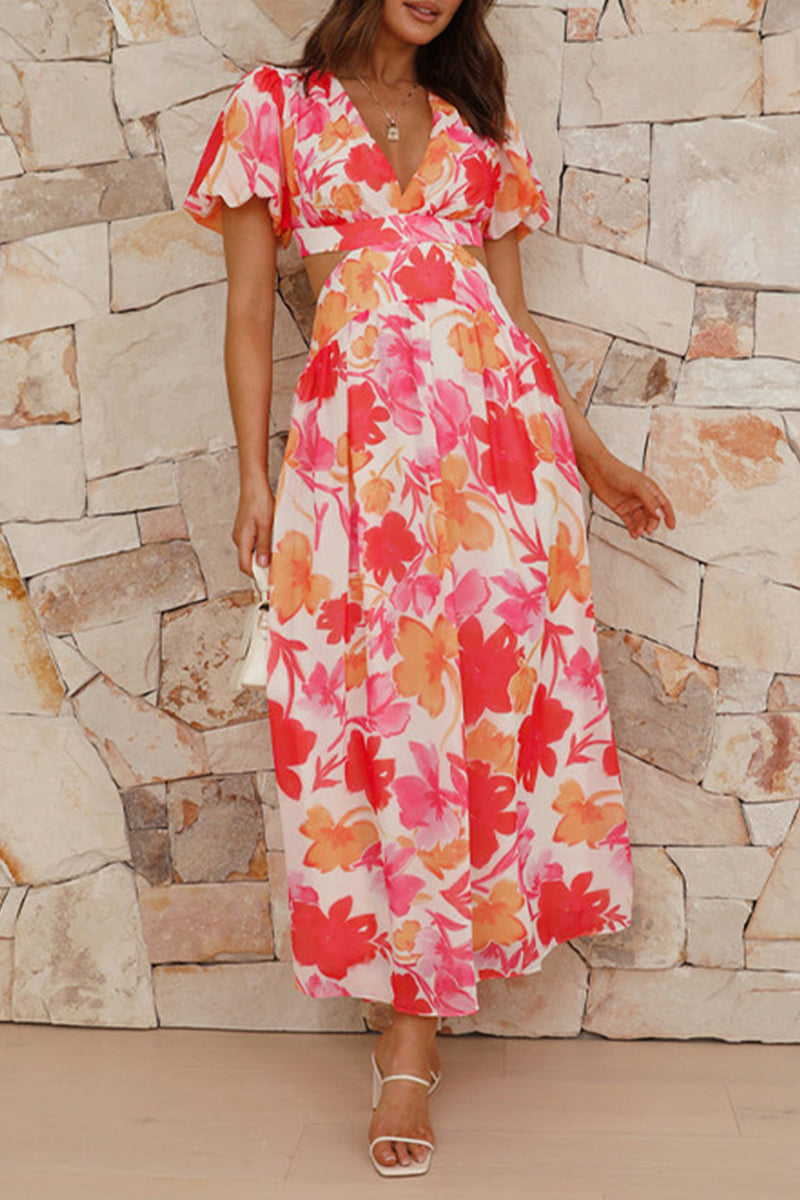 Vestidos elegantes y dulces con estampado floral, espalda descubierta y escote en V, corte A