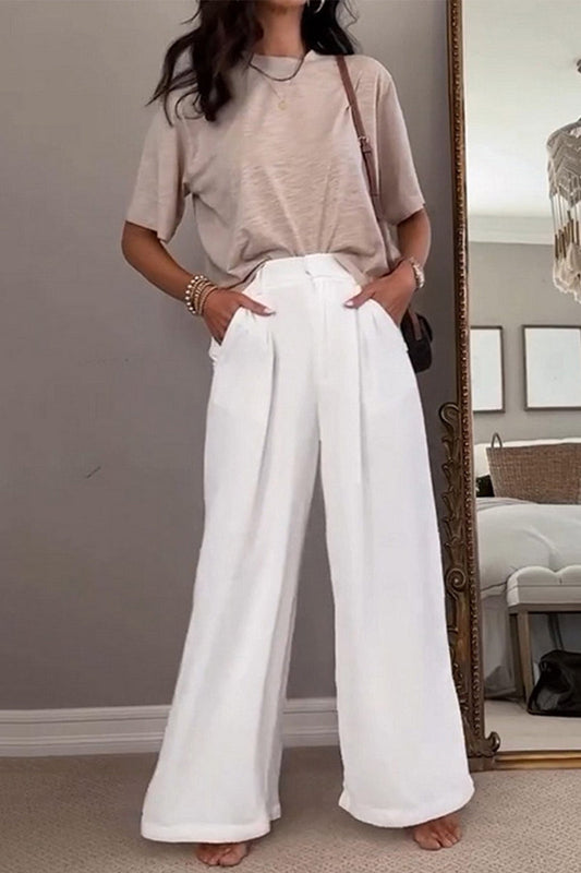 Conjunto informal de dos piezas con cuello redondo, manga corta y bolsillos sólidos