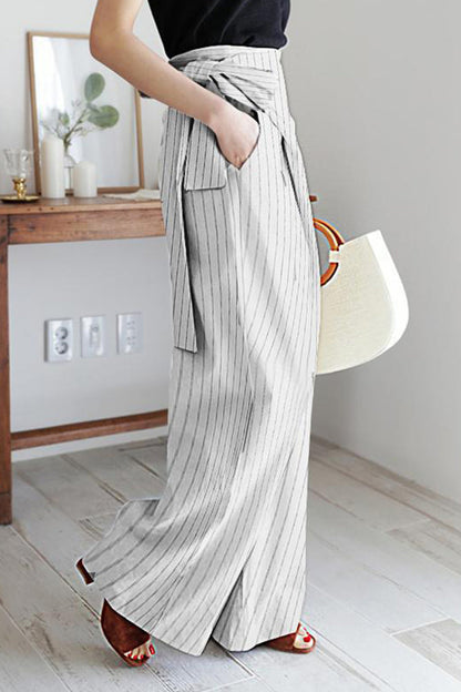Pantalones casuales de estilo británico con bolsillos a rayas, frenillo, cintura alta, pierna ancha y estampado completo