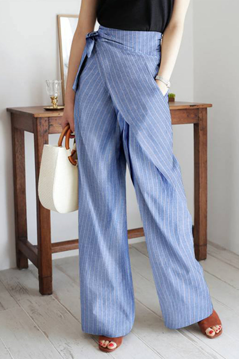 Pantalones casuales de estilo británico con bolsillos a rayas, frenillo, cintura alta, pierna ancha y estampado completo